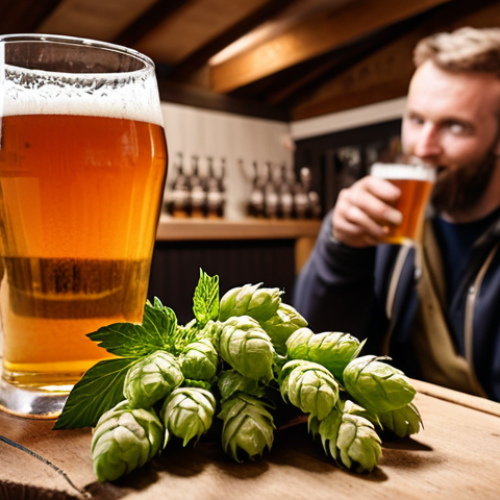**

`A cozy tasting room in a Swedish microbrewery in Österlen. Focus on a close-up of a person sampling a local IPA with hops in the background, talking to a friendly brewer.`

**