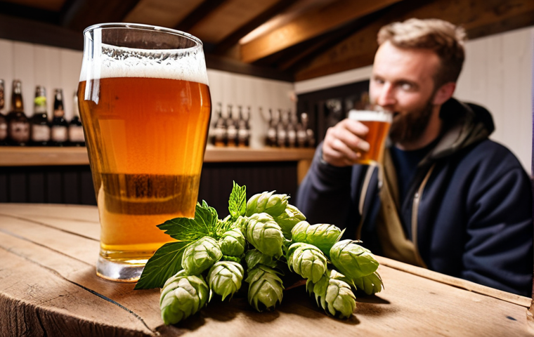**
`A cozy tasting room in a Swedish microbrewery in Österlen. Focus on a close-up of a person sampling a local IPA with hops in the background, talking to a friendly brewer.`
**